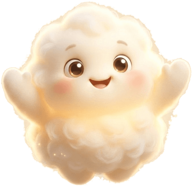 Sparky, a small cream cloud with round eyes and pink cheeks, arms open